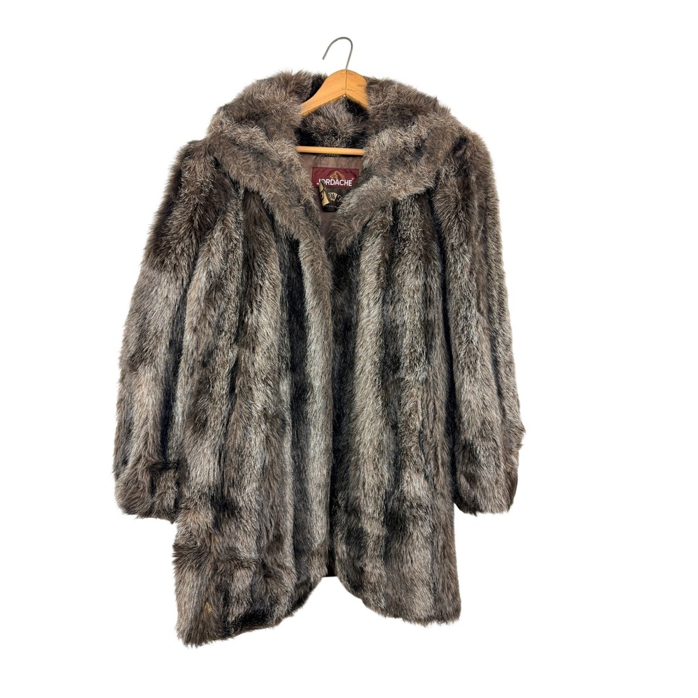 Vintage Jordache Fur Coat Brown Grey Shawl Collar Made in USA Women's Large